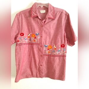 Adorable Floral Embroidered Camp Shirt Red Bobbie Brooks Size Large Chest 40"